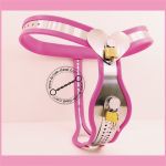 Ženský pás cudnosti – růžový, tvar T, se dvěma dildy